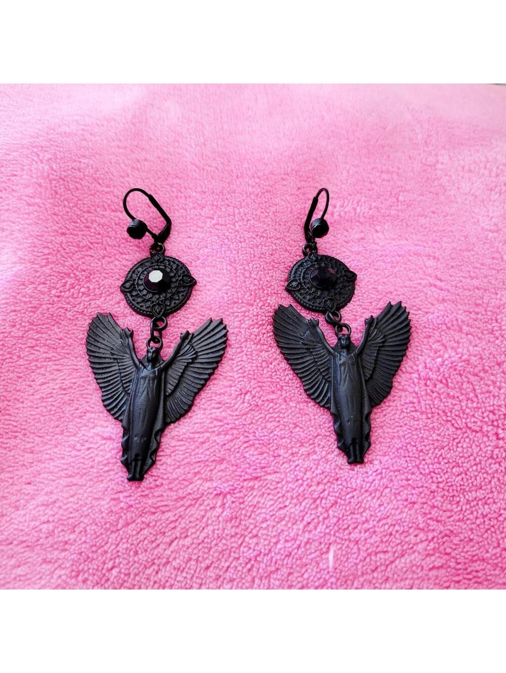 🖤 Restyle Black Matte Gothic Angel Wing Leverback Earrings 🪽